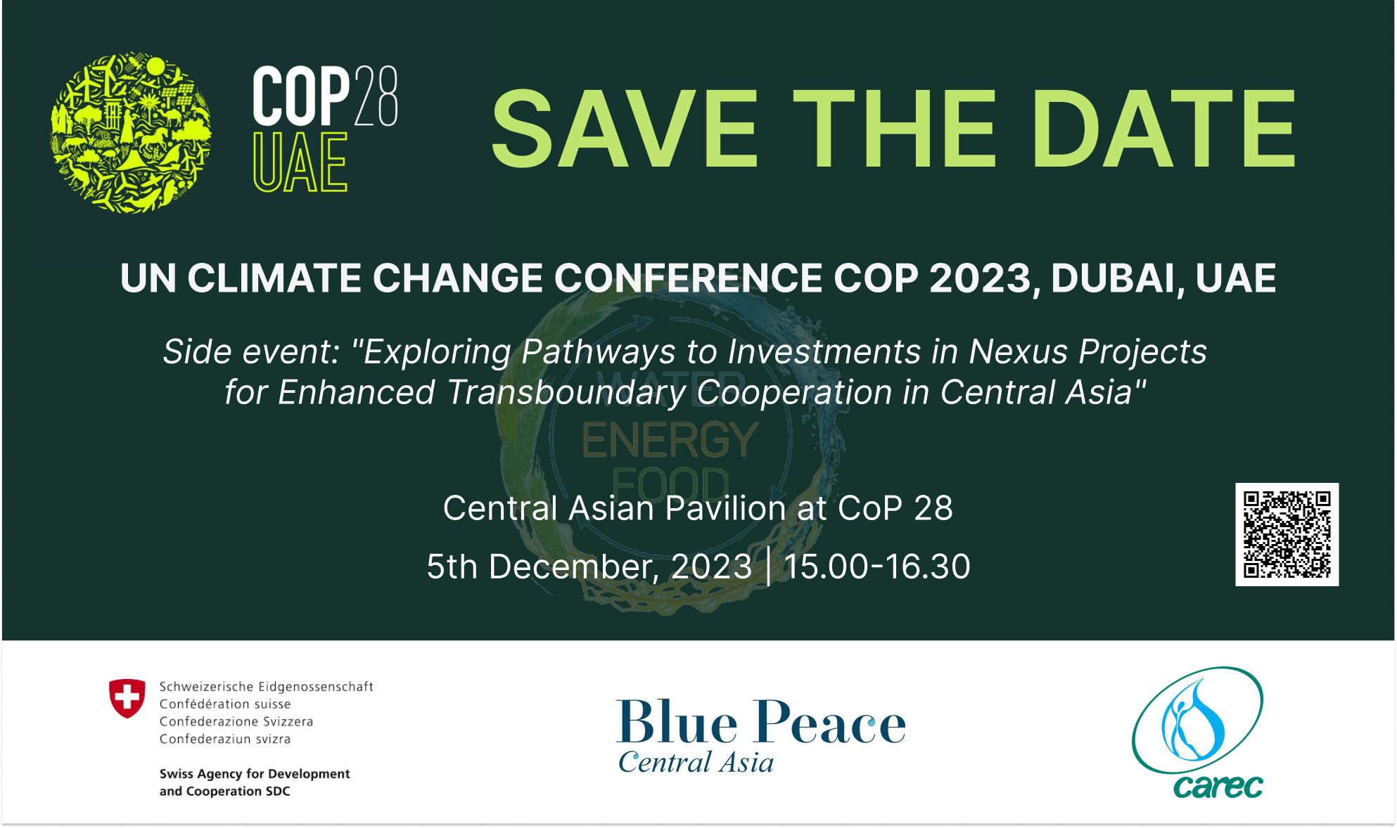Explore investment opportunities in Nexus projects at the CoP 28 UNFCCC in collaboration with the Blue Peace Central Asia initiative. Explore investment opportunities in Nexus projects at the CoP 28 UNFCCC in collaboration with the Blue Peace Central Asia initiative.
